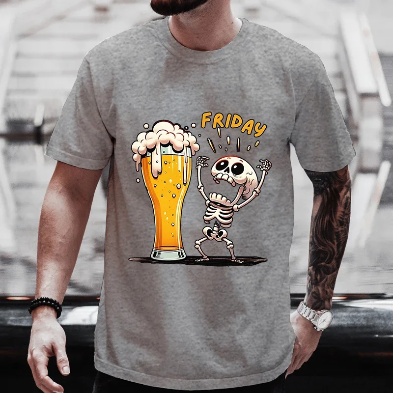 Men\'s T Shirt Skeleton Enjoying FRIDAY Beer Day Tees Men T-Shirt Finally Friday for Beer Lovers Male Clothes Short Sleeve Tops