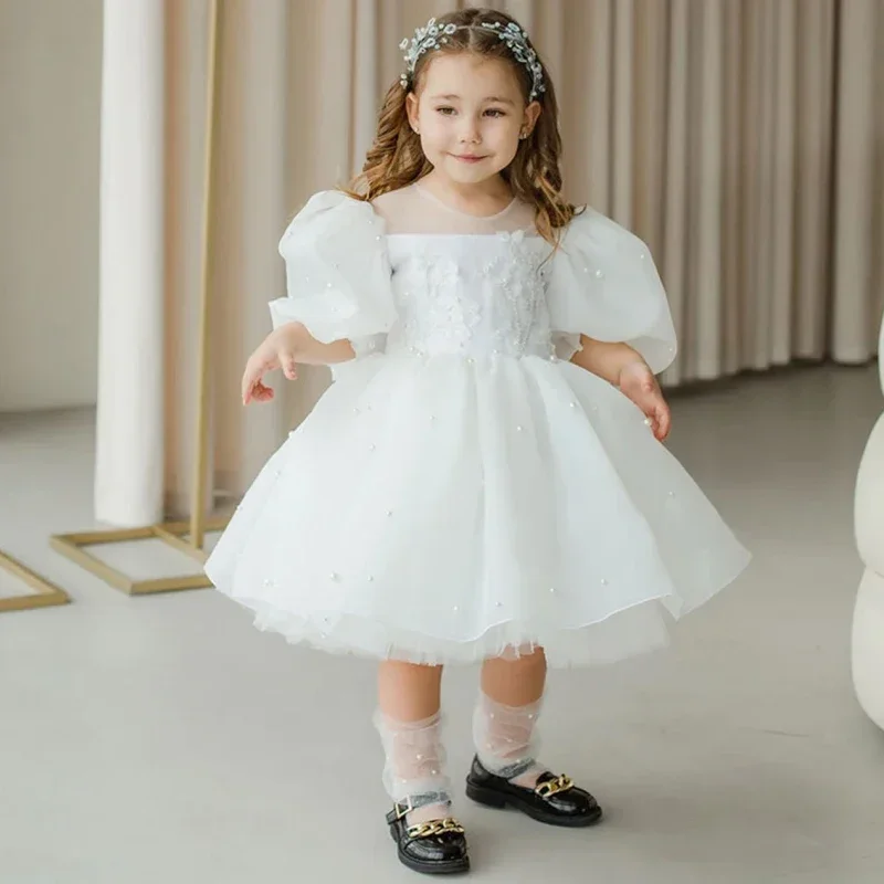 꽃의 소녀 드레스 흰색 Tulle 푹신한 아플리케 진주와 활 짧은 소매 결혼식 생일 파티 성찬식 가운