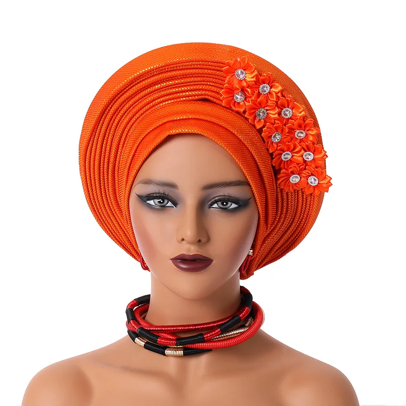 New African Headtie Turban Nigeria Head Ties with Flowers Already Made Auto Gele Women Head Wraps for Wedding Party（024012