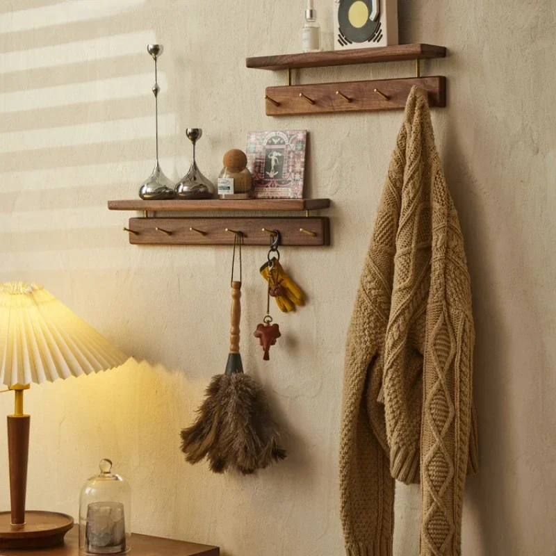 

Solid Wood Coat Hooks Wall Mounted No-Drill Coat Hat Rack Entryway Key Rack Black Walnut Multi-Functional Storage Rack