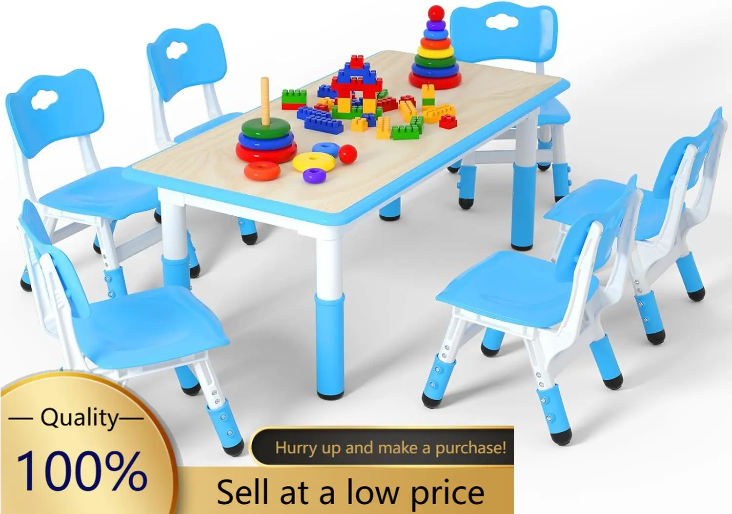 Kids Table and 6 Chairs Set，Height Adjustable Children Table & Chair，Toddlers Study Multi-Activity Table with 47.2