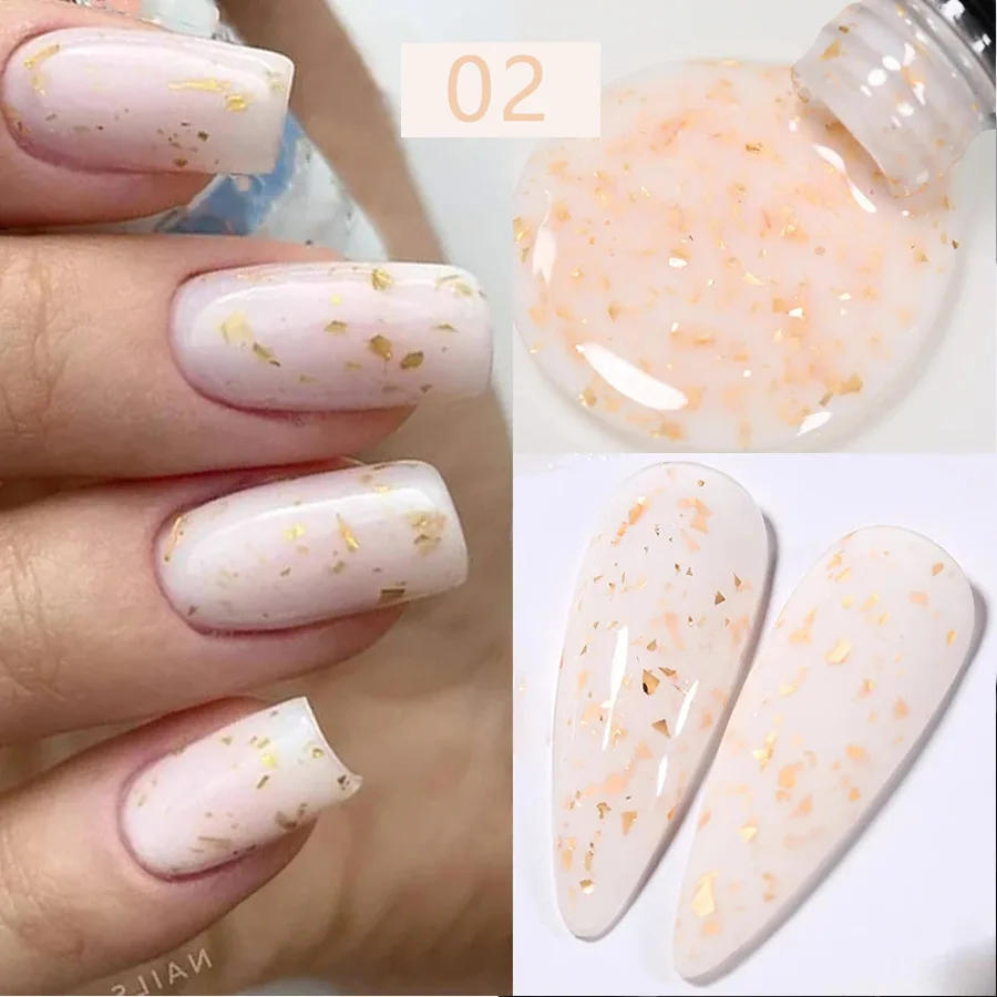 7ml Glitter Rubber Base Gel Polish Pink White Gel Top Coat with Gold Sequins Soak Off UV LED Nail Art Gel Varnish Manicure #GY95