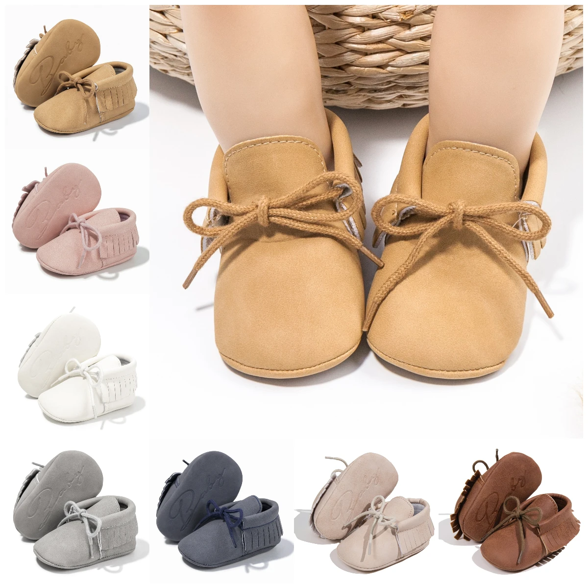 

Сплошной цвет, обувь для новорожденных девочек, изысканная обувь из искусственной кожи с бахромой на шнуровке, первые ходунки для малышей, мягкая противоскользящая плоская подошва, 7 цветов