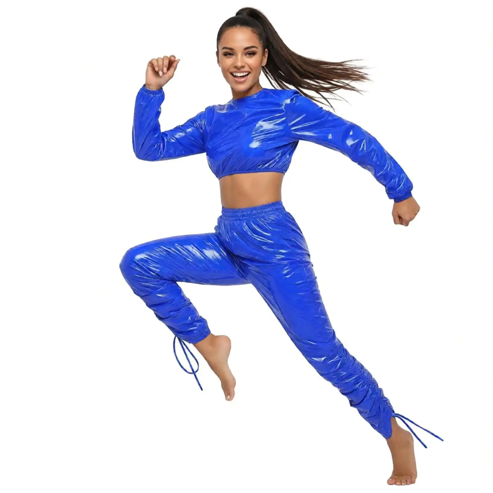 Women 2pc Waterproof Glossy Outfit Vinyl Waterproof Sweat Long Sleeve Crop Top And Capri Pants Set Clubwear Cool Motorcycle Suit