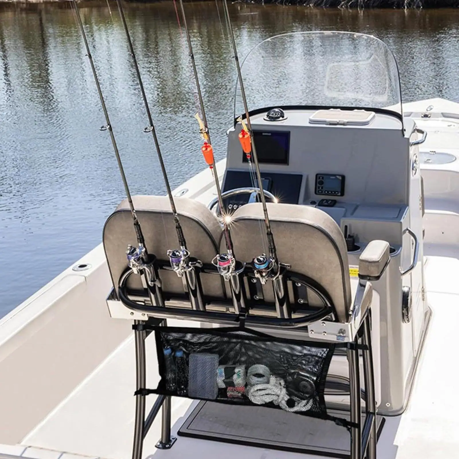 

Boat Mesh Bag Leaning Post Boat Storage Bag Adjustable Strap Fixing 3 Divisions Clothing Organizer For Kayaking Pontoon Rafting