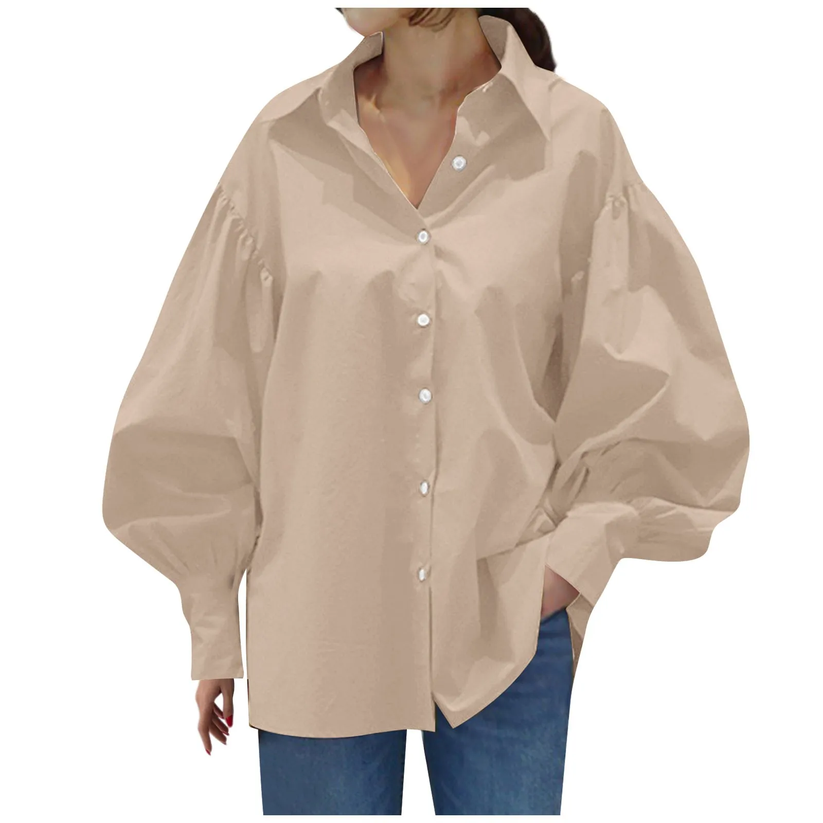 Oversized Casual Long Lantern Sleeve Lapel Button-down Blouse Of Solid Color For Female Streetwear Basic Shirts Women Elbow