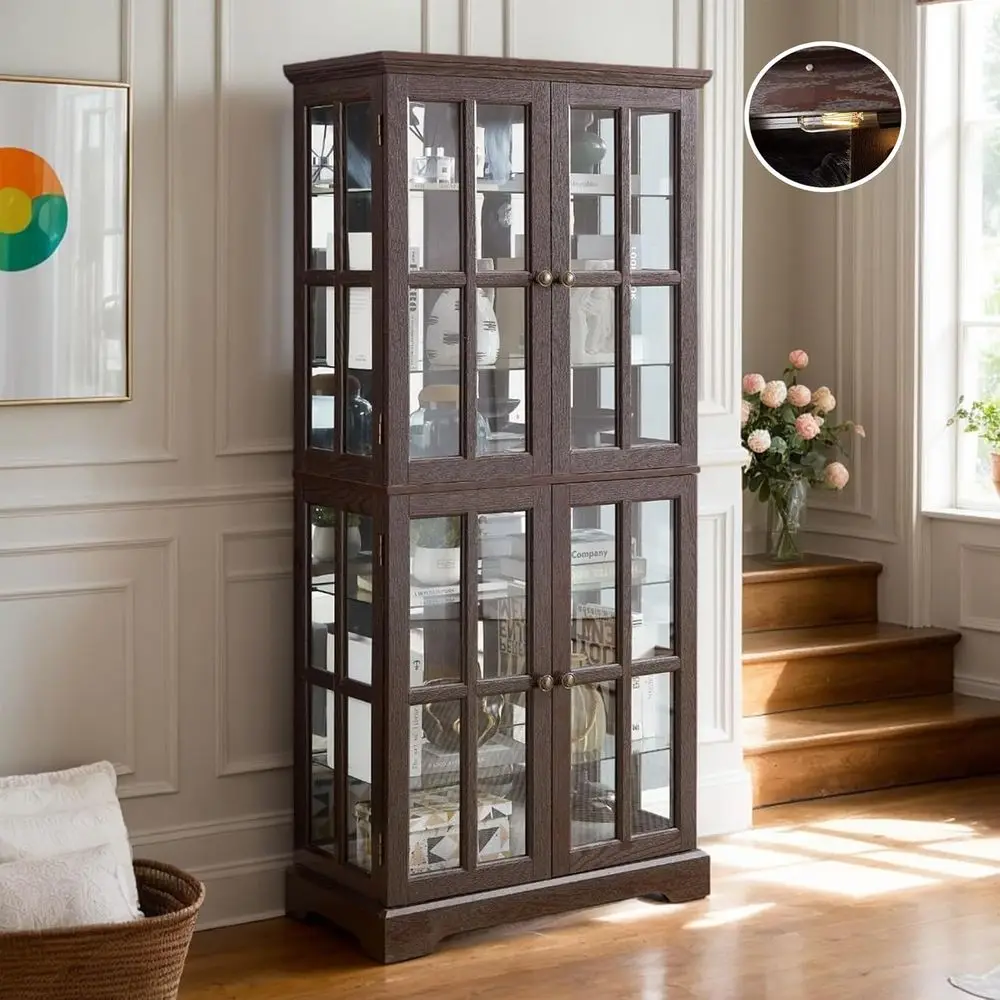 

69 Cherry Finish Lighted Display Cabinet, 4 Glass Doors, Adjustable Shelves, Includes Light Bulb, Elegant Wooden Storage for Liv