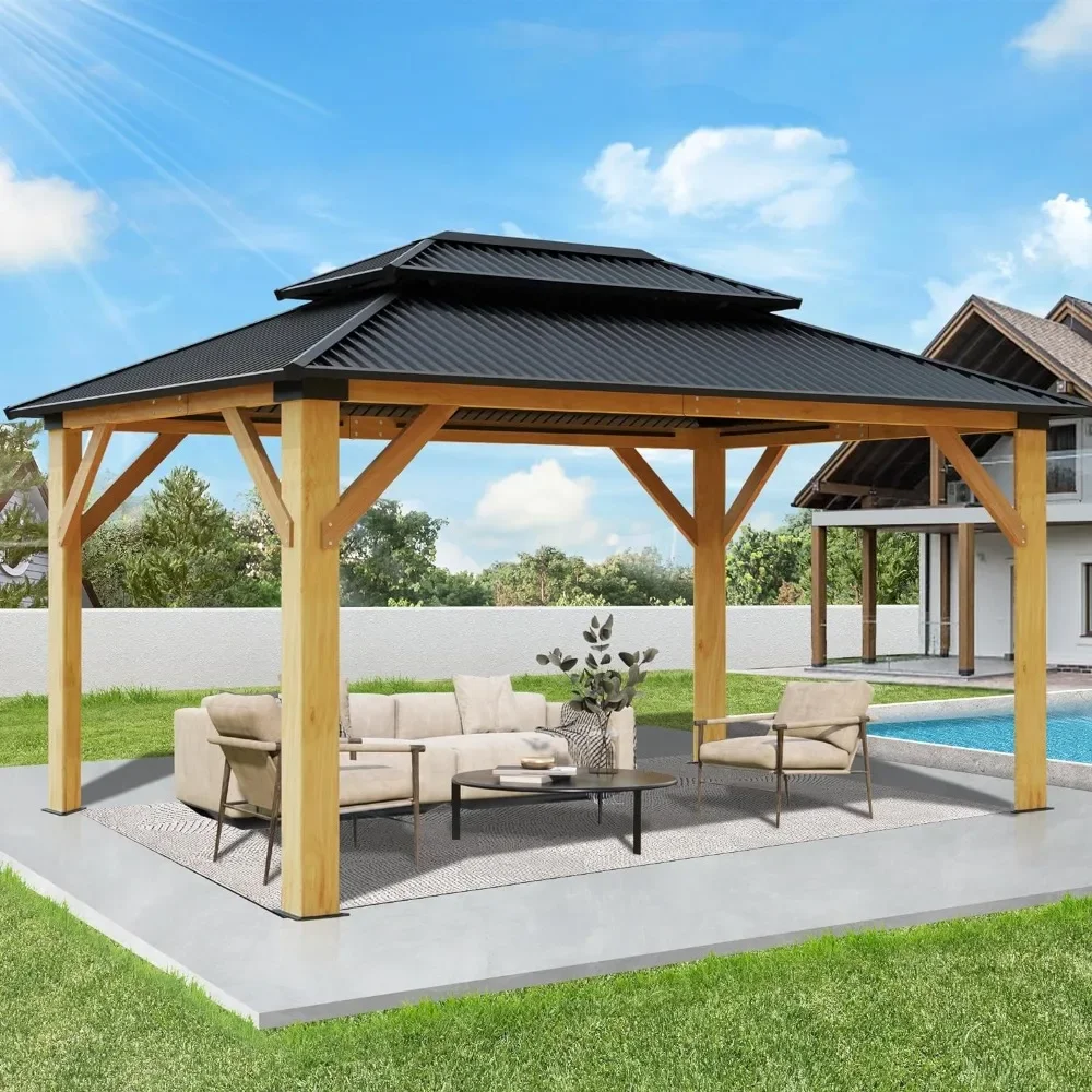 

Outdoor Wooden Gazebo - Patio Galvanized Steel Gazebo with Double Vented Roof, Heavy-Duty Cedar Wood Gazebo 13’x15’