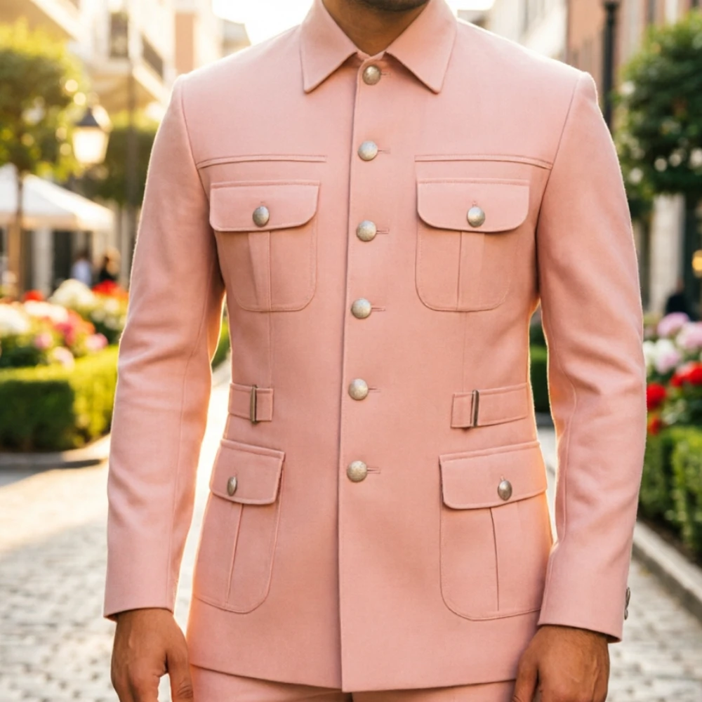 

Мужской костюм Safari: шикарный бордовый пиджак с золотистыми металлическими акцентами, функциональными карманами, приталенный крой, для торжественных мероприятий, вечеринок, свадеб и церемоний.