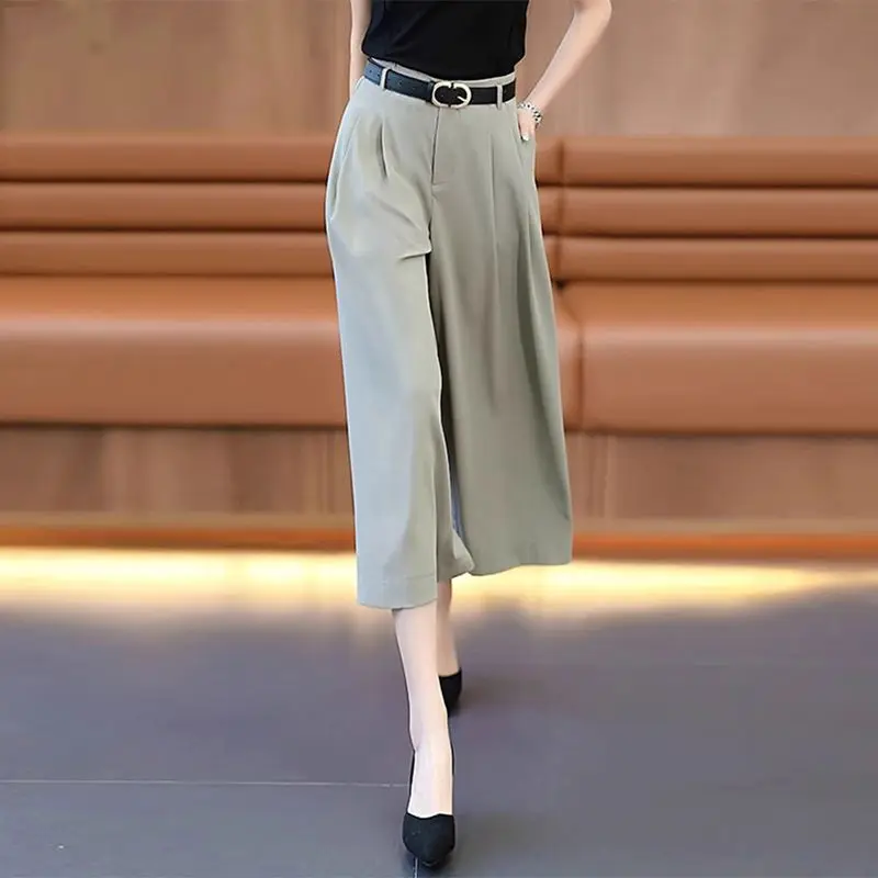 Summer High Waist Solid Color Wide Leg Drapped Suit Pants Women Loose Casual Simple All-match Cropped Trousers Female Clothes