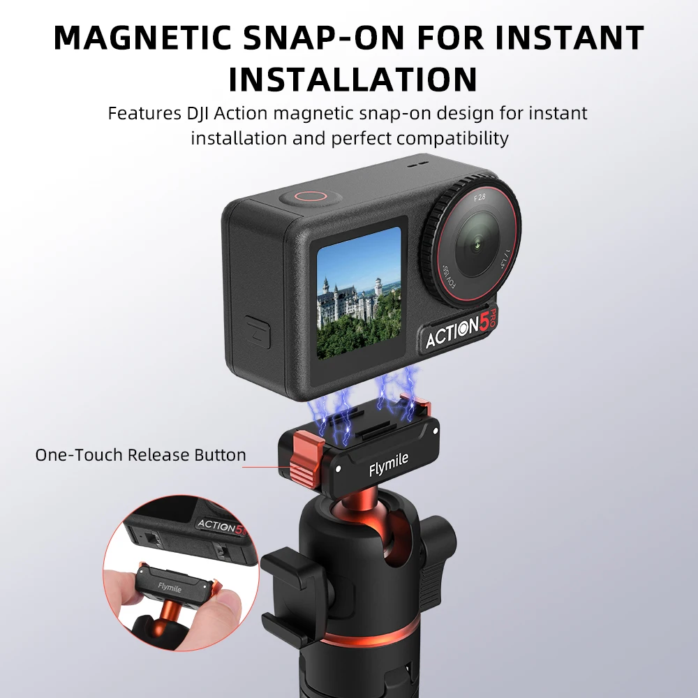 Magnetyczny statyw Flymile do DJI Action 5 Pro/4/3/Osmo z szybkozłączką 360 i obrotową podstawą 360 °   Głowica kulowa, mocowanie typu cold shoe, kijek do selfie — zdjęcie produktu 2