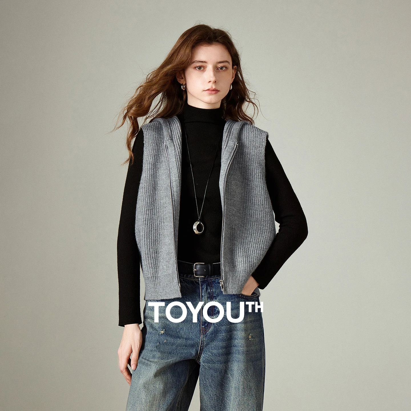 

TOYOUTH женский вязаный жилет, осень 2021, новая вязаная верхняя одежда без рукавов на молнии с капюшоном