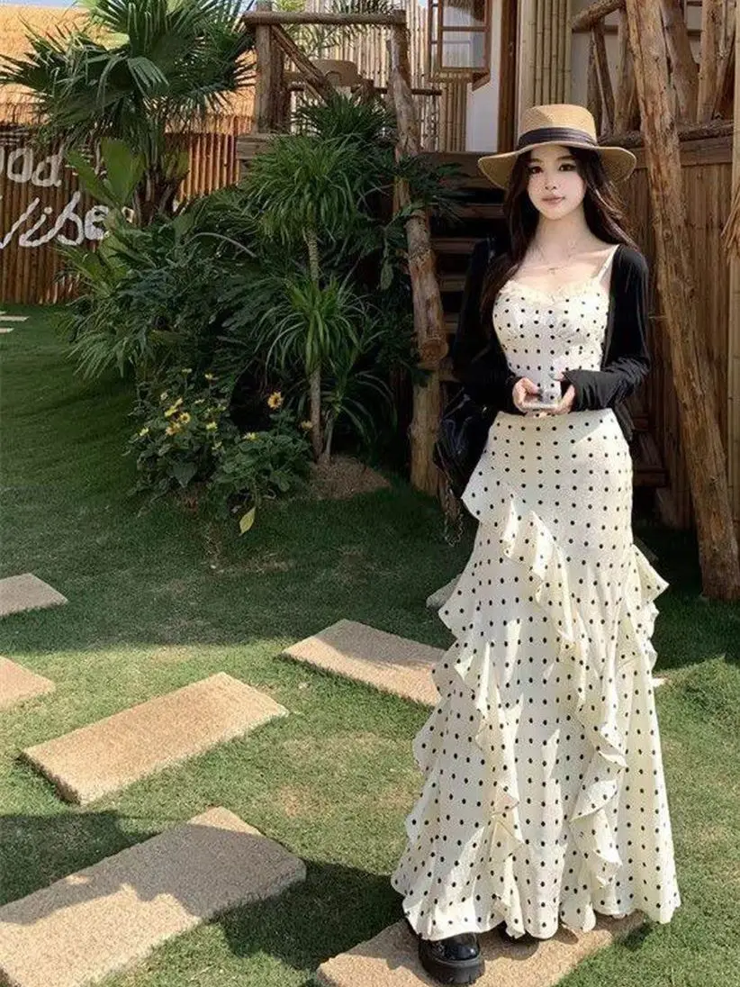 White Polka Dot Ruffle Halter Dress Women's Beautiful Early Spring Slimming Wrap around Skirt Bohemian Style High Waist Long ... 4