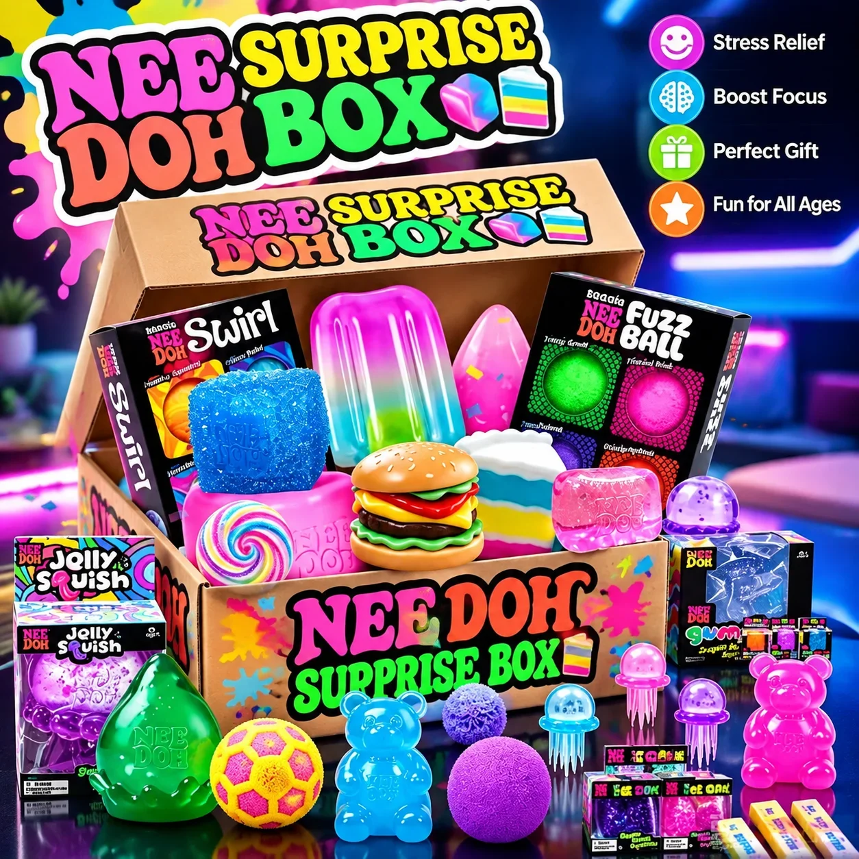 NEEDOH Squishy Figures Blind Box Surprise Toys 100 Pieces Slow Rising Soft Fidget Toys Giant Gorilla Moai Head Stress Relief