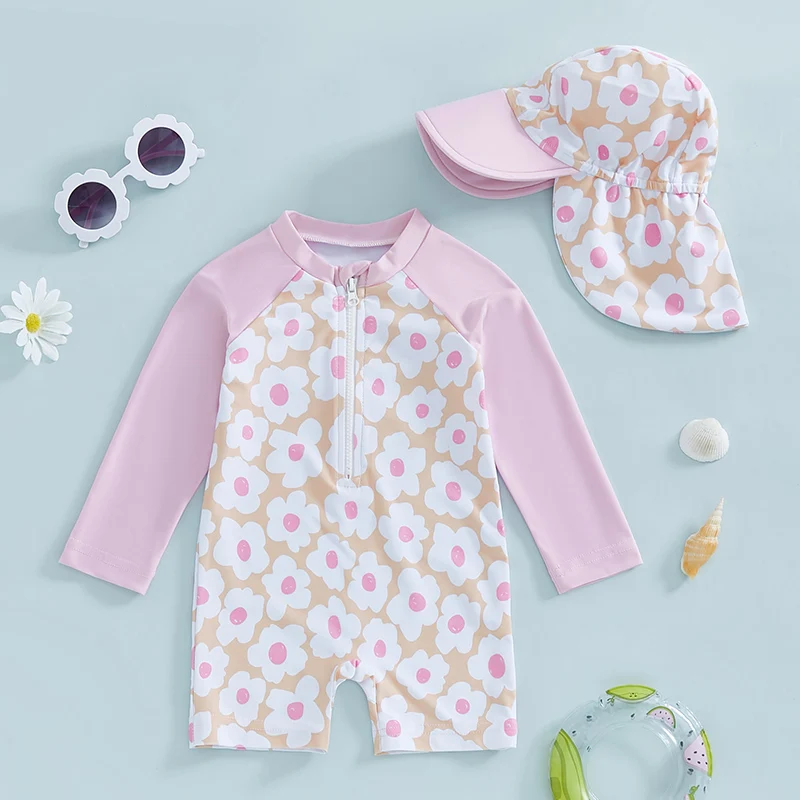 Long Sleeve Baby Girl Swimsuit with Hat Floral/Flamingo Print 2