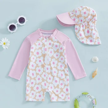 Girls' Floral Flamingo Long-Sleeve Swimsuit Set 2 Tregren Toddler Girl Long Sleeve Swimsuit Floral/Flamingo Print Half Zipper Rash Guard Swimwear with Sun Hat Infant Beachwear 2