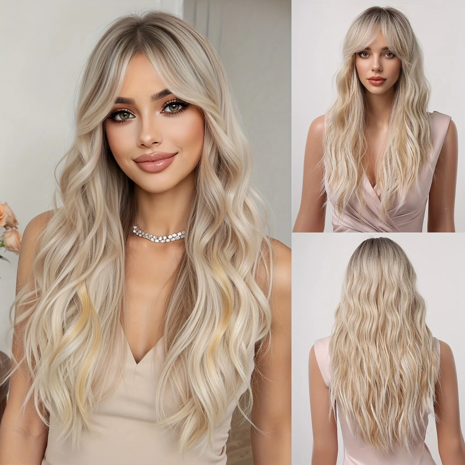 

26-дюймовый синтетический длинный волнистый парик платиновой блондинки с челкой — регулируемая дышащая сетчатая шапочка, подходит для повседневной носки, вечеринок