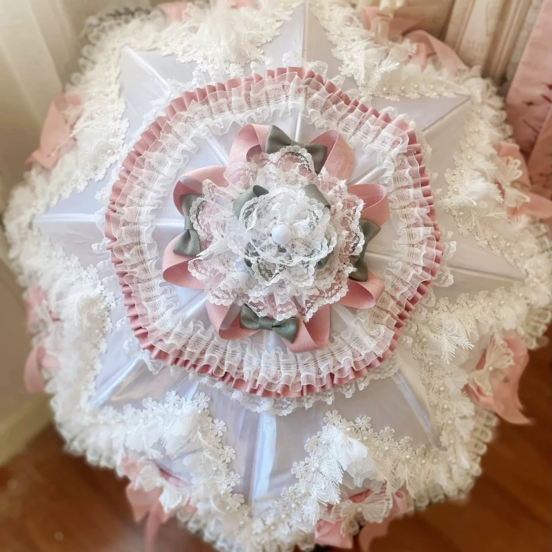 Original Lolita Princess Lace Parasol Pink White Frilly Umbrella for Wedding Photoshoot Vintage Photography Prop for Cosplay