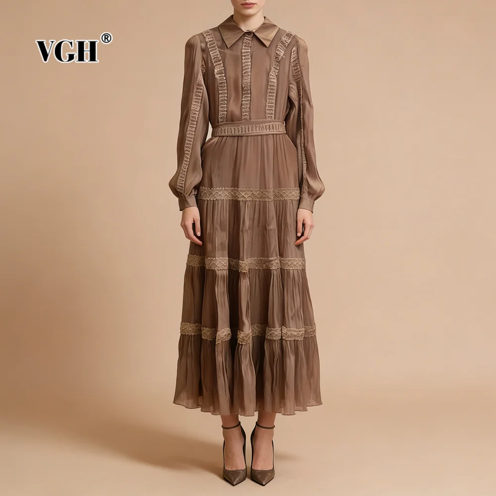 

VGH Elegant Office Lace Trimmed Midi Dress for Women Lapel Neck Long Sleeve High Waist Slim Tiered Pleated Skirt for Art Events