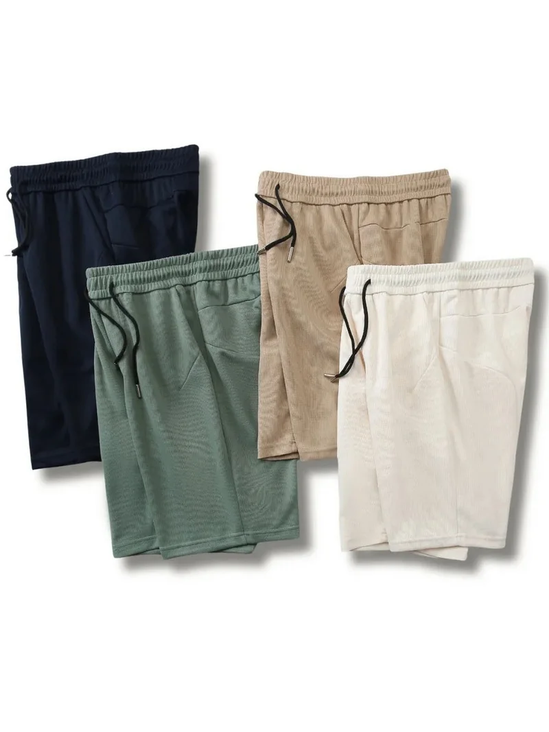 

Новые летние мужские трикотажные спортивные повседневные свободные брюки прямого кроя, дышащие, модные, с эластичным поясом, длиной до колена.