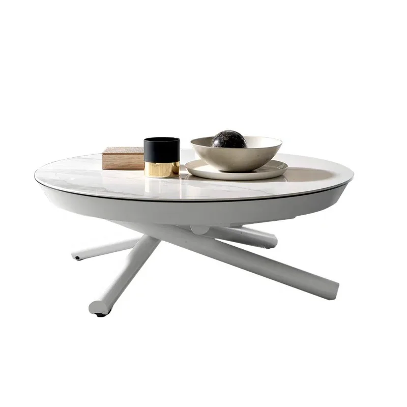 Minimal multi-functional lifting dining table coffee table, dual-purpose telescopic round rock slab small apartment living