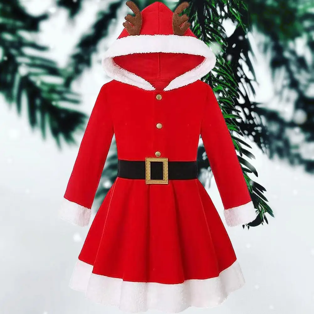 2024 Santa Claus Dress Women Girls Christmas Elk Antlers Hooded Red Dress With Belt Xmas Holiday Cosplay Evening Party Costume