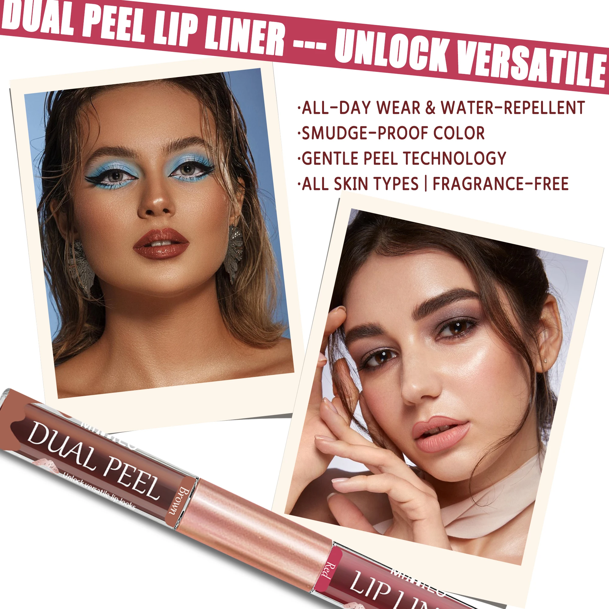 Revestimiento de labios bicolore/deselpe-off. Brillo de labios. Impermeable y duradero. Marrón/rojo desbloquea un maquillaje de labios versátil