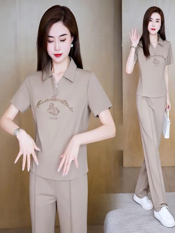 

Summer New Fashion Loose Two-Piece Set Neck Slim Fit V-Neck Sporty Casual Straight Leg Pants Ensemble Polyester Fiber