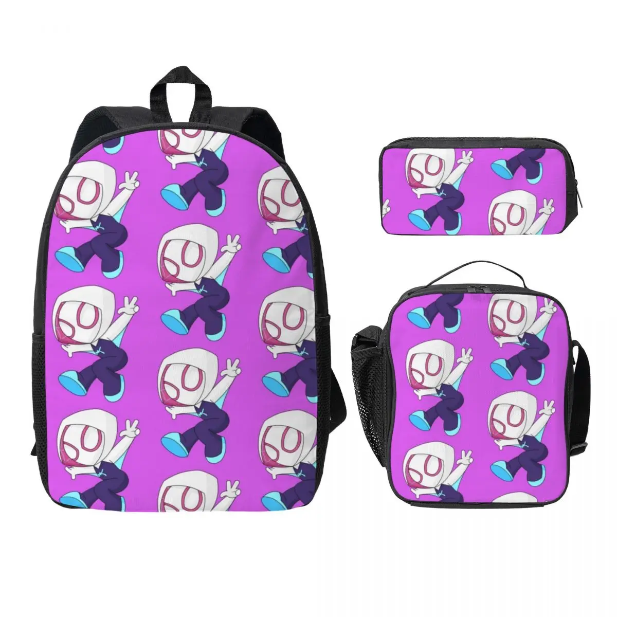 

Custom Ghost Spider Girl 3PC-Set Backpack Pencil Bag Student School Bag children's Lunch Bag