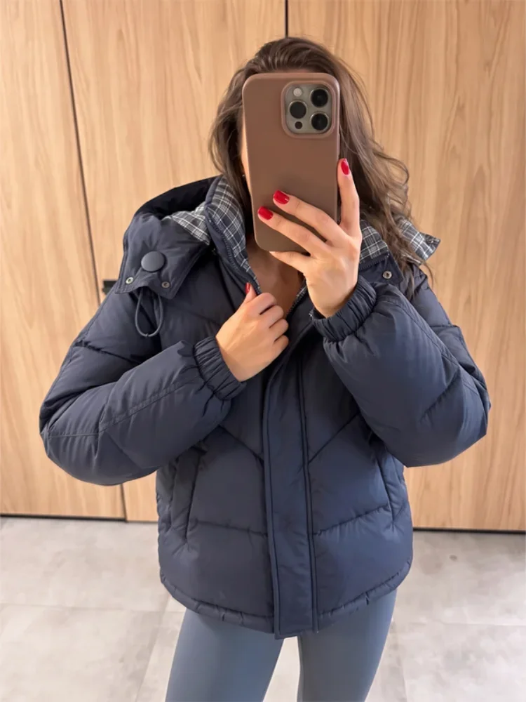 Lady Casual Hooded Puffer Jacket Plaid Lining Drawstring Collar Quilted Warm Padded Elastic Cuff Coat Winter Oute Street Wear