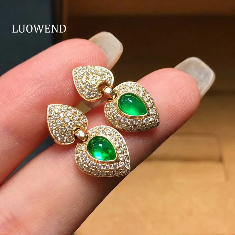 LUOWEND 100% 18K Yellow Gold Earrings Elegant OL Style Luxury Diamond Natural Emerald Earrings for Women High Party Jewelry
