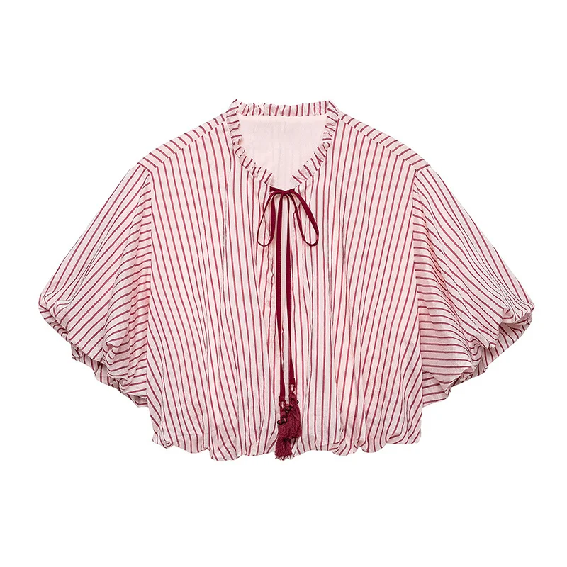 Women's Top 2026 New Summer Short-sleeve Striped Top with Bow Tassels Vacation Style Chic Personality balloon style Ladies Top