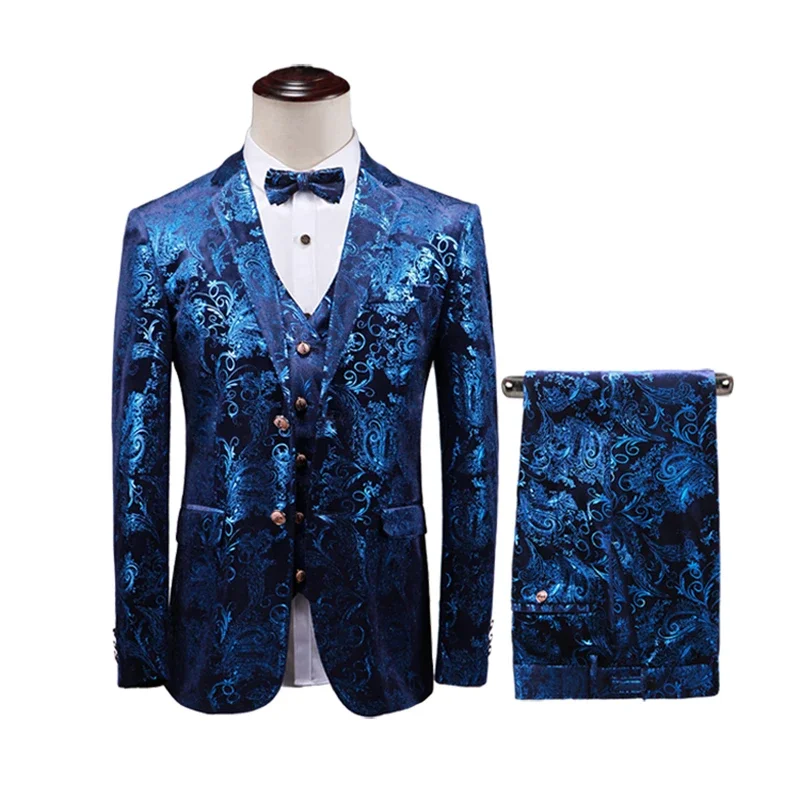 

Blue Men's Printed Suit 3-piece Set, Wedding Party Formal Jacket and Waistcoat Paired with Trousers, Asian Sizes M-5XL.
