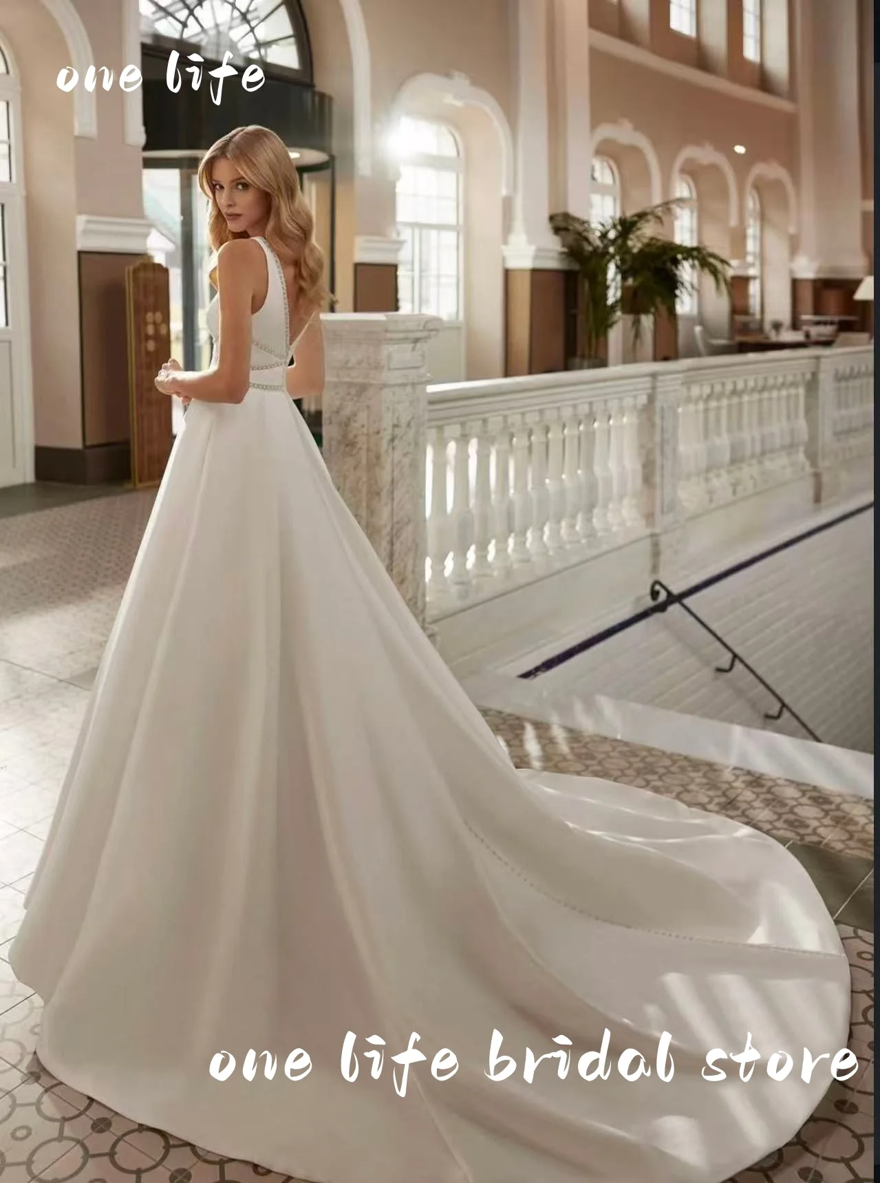 2025 elegante simples com decote em v vestidos de casamento de cetim para as mulheres a linha trem varredura sem costas vestido de noiva vestidos de novia personalizado
