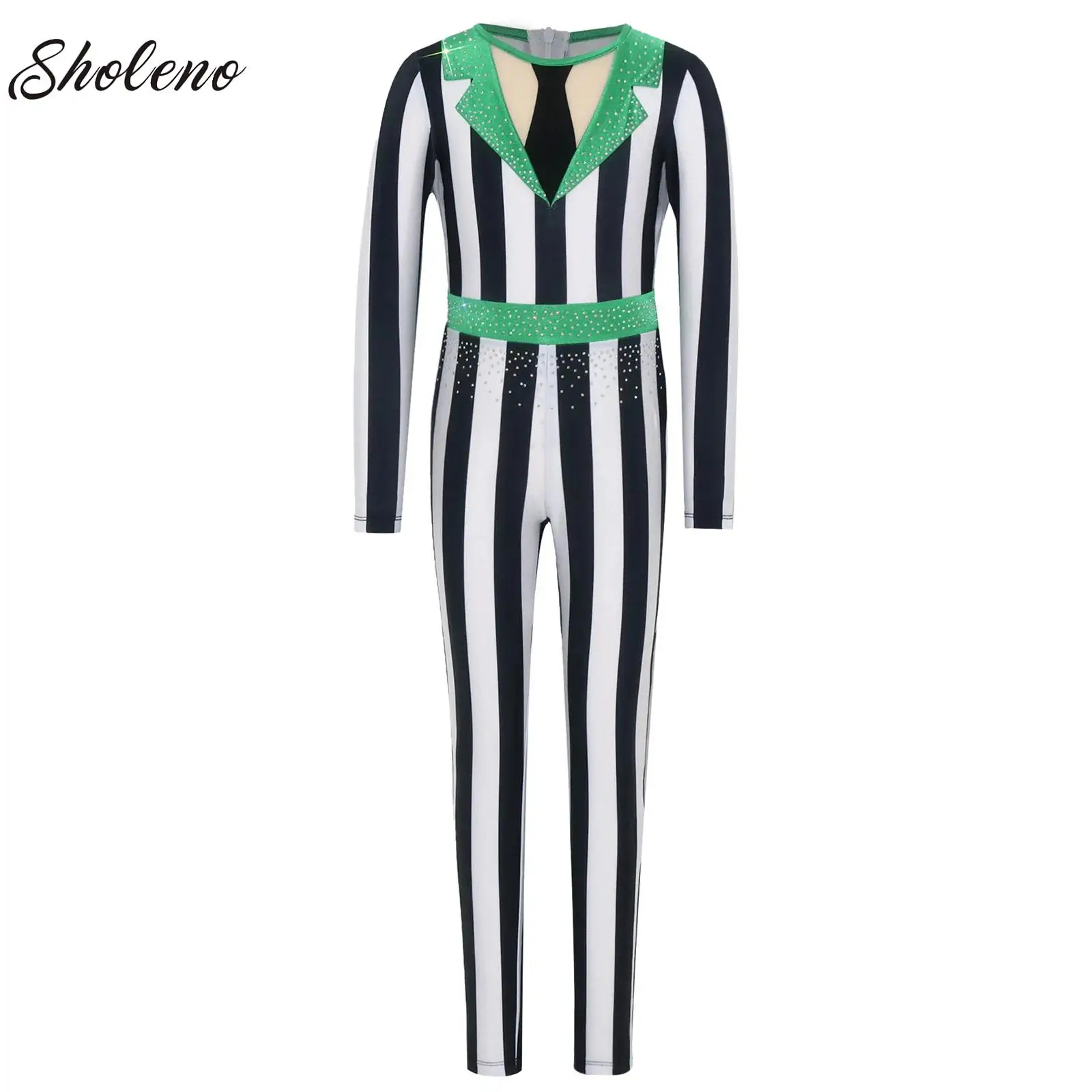 Kids Color-blocked Stripe Magician Jumpsuit Girls Shiny Rhinestone Jazz Disco Dance Full Length Bodysuit Rave Carnival Costume