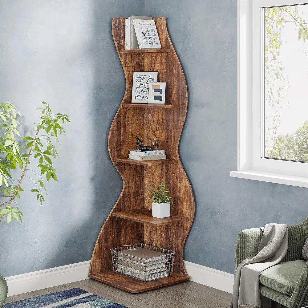 Corner Shelf, Rustic 5-Tier Wall Corner Bookshelf, Stylish Corner Small Bookcase Storage Rack Plant Stand with Unique Shape