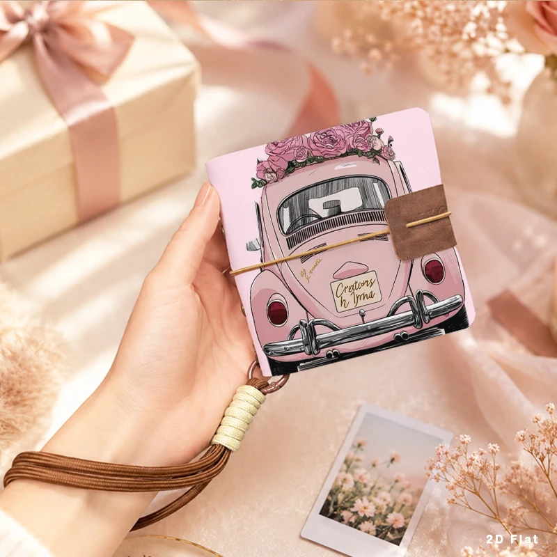 Pink Vintage Beetle Car Rose Flower Print Mini Photo Album with Wrist Strap, Portable Pocket Photo Storage Book for 3 Inch Mini