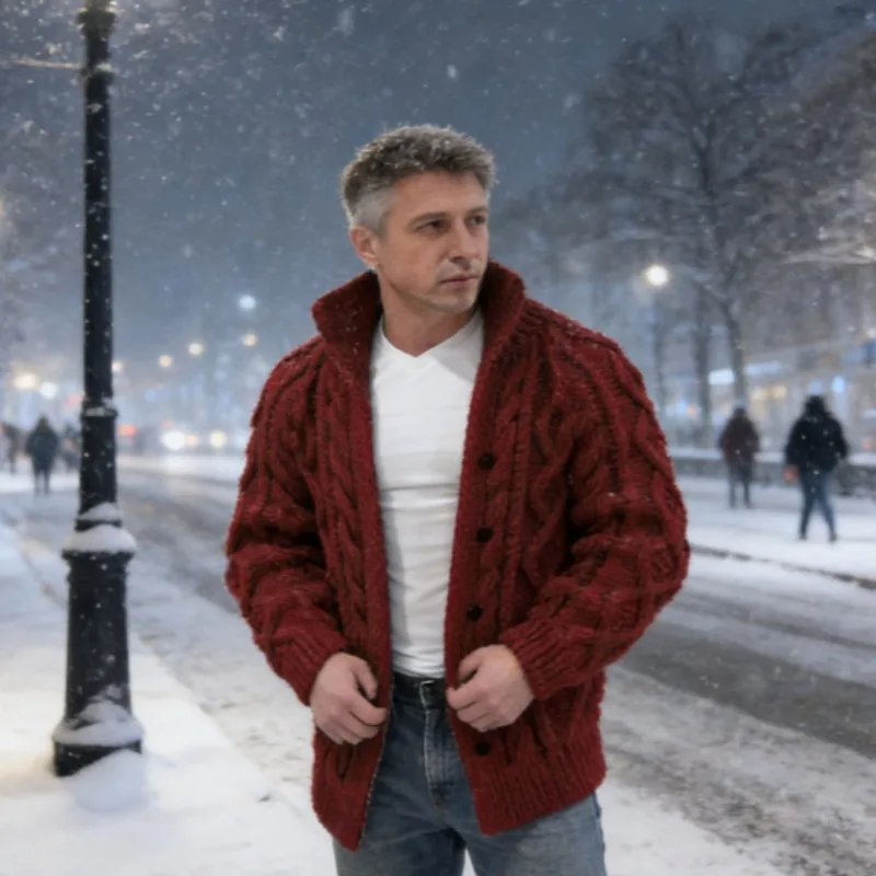 

Мужской кардиган с воротником-стойкой и жаккардовым узором - плотный повседневный трикотаж с длинными рукавами для ежедневного образа