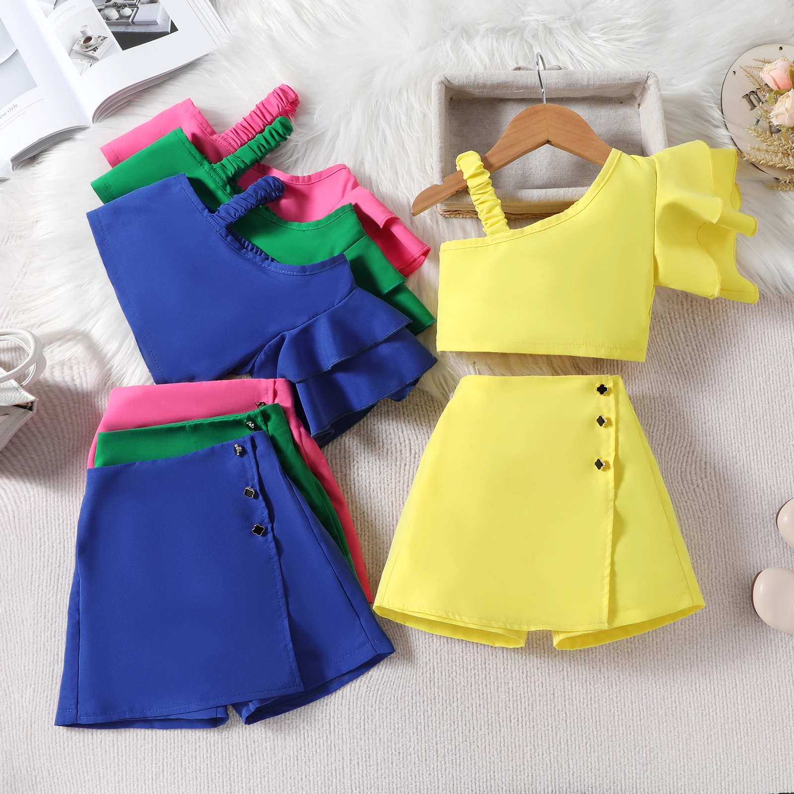 

a Summer Faion Set for Girls with Ruffle oulder Candy Colored Cotton Polyester Blend Thin Material Svel+Pants