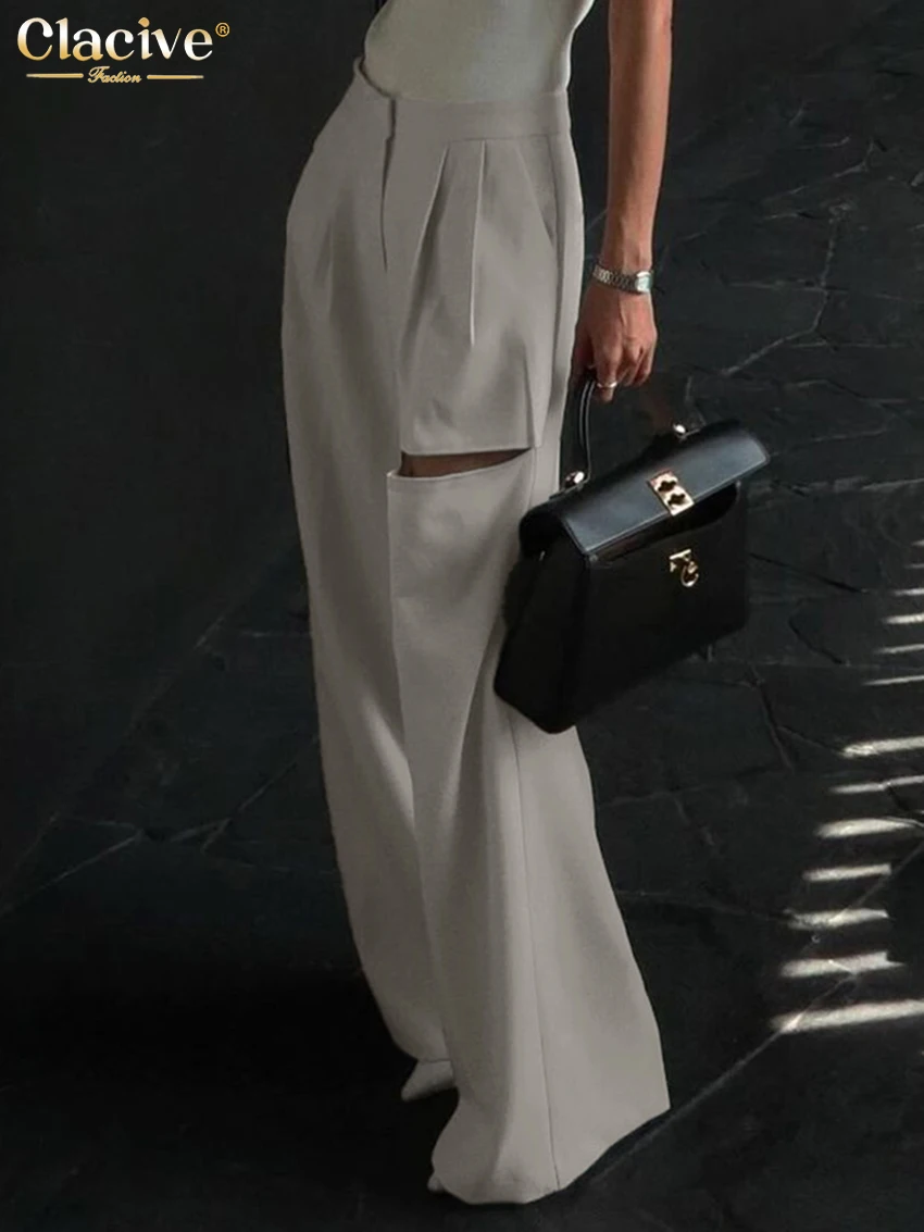 Clacive Fashion Loose Gray Women's Pants 2025 Casual High Waist Wide Leg Pants Elegant Hollow Out Full Length Trousers Female