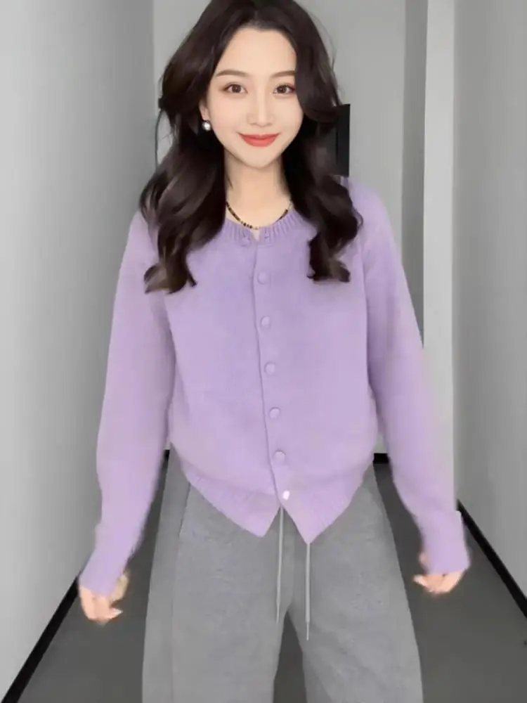 

Autumn Winter New Purple Ladies Long Sleeved Cardigan Sweater Women's Round Neck Slim Single Breasted Short Knit Tops Streetwear
