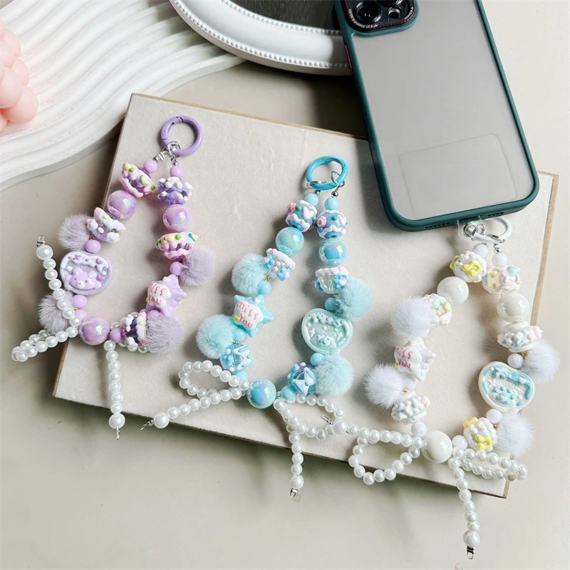 

Hairball Painted Beads Phone Chain Bowknot Bead Keychain Sweet Girl Anti-lost Wrist Strap Bracelet Earphone Case Charm Bag Decor