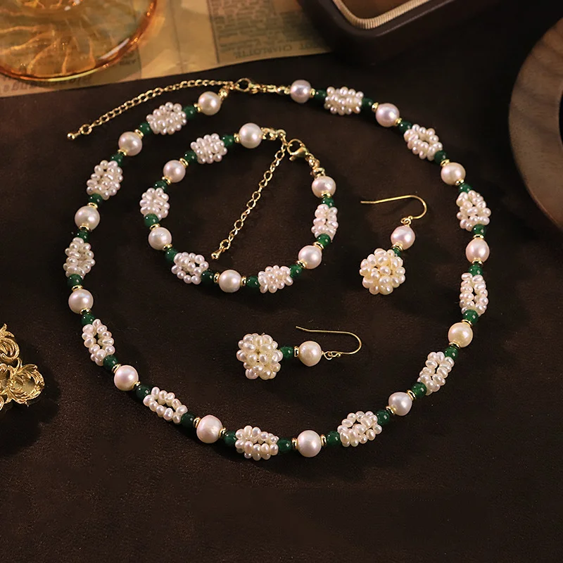 

Fashion Pearl Mixed Stone Three Piece Set Ladies Versatile Necklace Bracelet Drop Earrings Elegant Daily Banquet Gifts Party