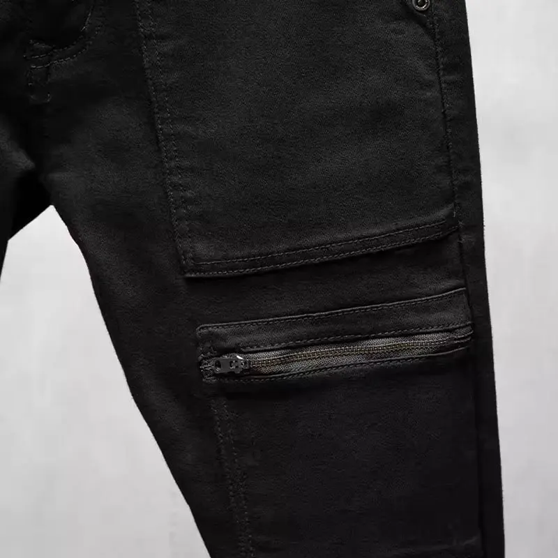 Street Fashion Men Jeans Black Stretch Slim Fit Spliced Designer Biker Jeans Homme Zipper Pocket Hip Hop Denim Pencil Pants Men