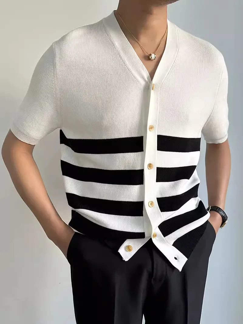 

Summer New Sle Italian Knitted V-Ne ort Sve Busin Slim Fit Men's irt Color Blo Striped Casual Faion