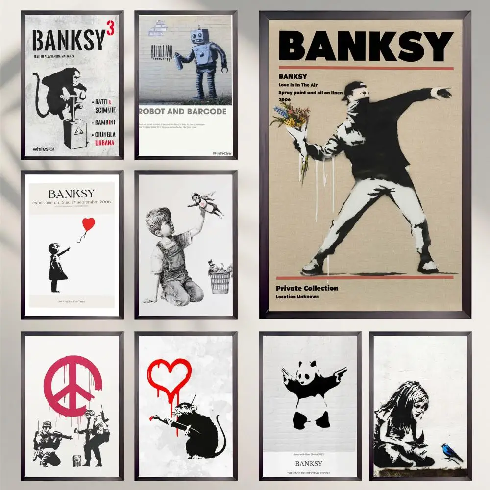 B-Banksy Street Graffiti Poster HD Polyvalent imperméable Décoration murale Auto-adhésive Parfaite pour n'importe quel pièce et cadeau idéal