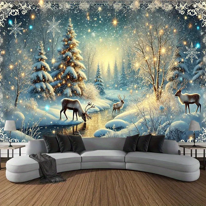 2D Flat, Large Winter Snowy Forest Deer Wall Tapestry - Horizontal Flannel Wall Hanging with Deep White Snow Landscape, Deer, Ri