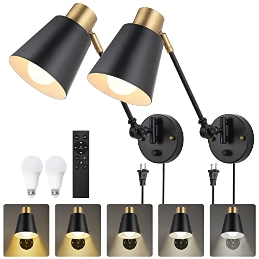 

Plug in Wall Sconces with Remote, Adjustable Colors 2700K-6500K and Brightness 10%-100%, Swing Arm Wall Lamp, Wall Sconces Set