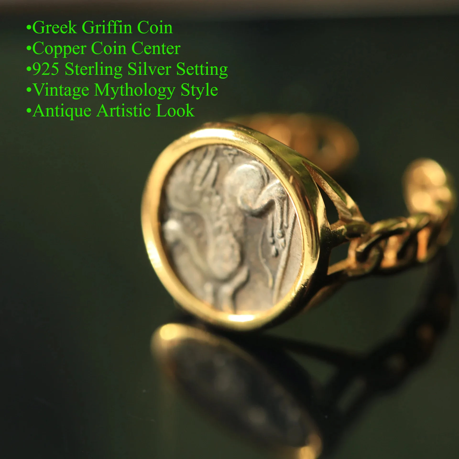 Vintage Greek Griffin Copper Coin Ring with 925 Sterling Silver Setting for Women Men