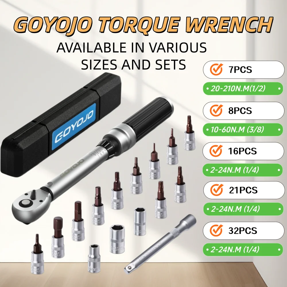 GOYOJO Torque Wrench Kit Tool 20-210N.M(1/2) For Road Mountain Bikes Adjustable Multitool Available In Various Sizes And Sets